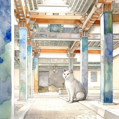 Ragdoll cat explores inside Nagoya Castle in Nagoya and appreciates the architecture and history of the castle. Watercolor painting & Colored pencil painting, Premium clipart, clean line, on only white background, spaced out, complex design, hyper realistic, super detailed, dynamic pose, 32k UHD, award winning picture,