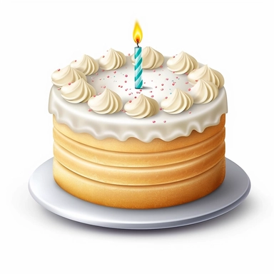 Create a high-quality clipart image of a classic vanilla birthday cake. Show a round cake with layers of fluffy vanilla sponge cake and smooth vanilla buttercream frosting.