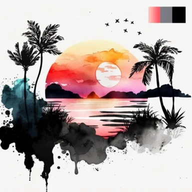 Black Watercolor Beach Ocean Retro Sunset Clipart, Colorful and white Background