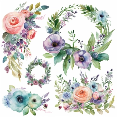 Design a set of watercolor-style digital cliparts specifically for wedding and event decorations. The cliparts should include elements such as flowers, garlands, wreaths, ribbons, and romantic symbols like hearts and doves. Consider various color palettes and styles to cater to both traditional and modern weddings and events. The cliparts should be versatile and suitable for use in invitations, save-the-date cards, menu cards, table cards, seating charts, and other decorative elements
