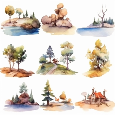 watercolor clipart set computer characters landscape
