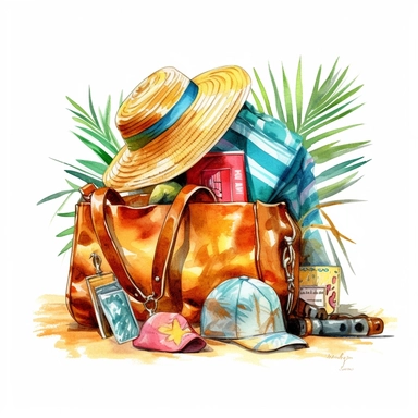 watercolor clipart of a stylish beach bag filled with essentials for a tropical getaway, brushstrokes, white background