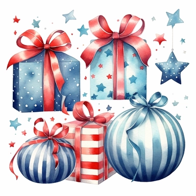 Party Favor Bags and Boxes: Design clipart of party favor bags or boxes filled with confetti, balloons, or small gifts. Customize the clipart with different patterns, colors, and embellishments to create visually appealing and enticing favor designs.patriotic pattern, stars and stripes, red white and blue, delicate detail, watercolor, in the style of artgerm, 2d game art, quadratura, clipart, on white background,