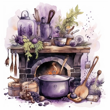 whimsical medieval witches kitchen watercolor clipart in purple green ingredients, cauldron, fireplace, herbs, candles, broom, chaotic