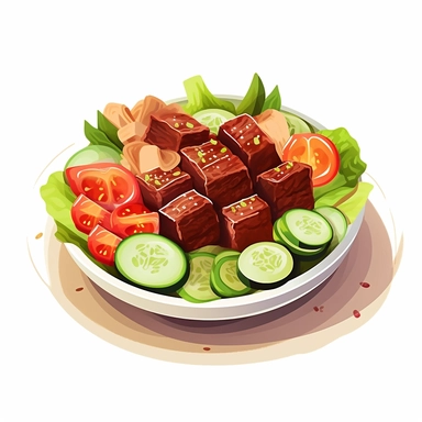 Bò lúc lắc which is a dish with large diced beef cubes which have been browned and have some char marks on a bed of cucumber, lettuce, tomatoes, red onion , simple illustration, cartoon vector style, clipart, white background