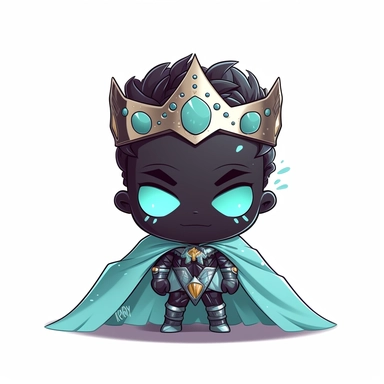 zeeb labs art style boy, super hero, tiny chibi body with diamond suit, dark skin tone, crown, Mask, smerk, super long cape, clipart, sticker, no background, hd