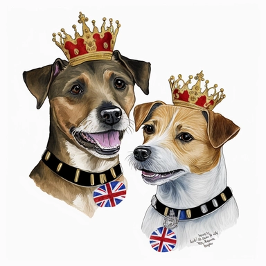 Pastel watercolour clipart svg white background of 2 smiling happy Jack Russell terrier dogs. 1st dog is brown an black fur the 2nd is light brown both are smiling, both wearing a large gold King crown on heads, place each dog face in thick shinny gold ornate frame made from gold leaves, both dogs are wearing a colourful vibrant red an blue union jack dog collar, a personlised banner at the bottom to write someone's name on.