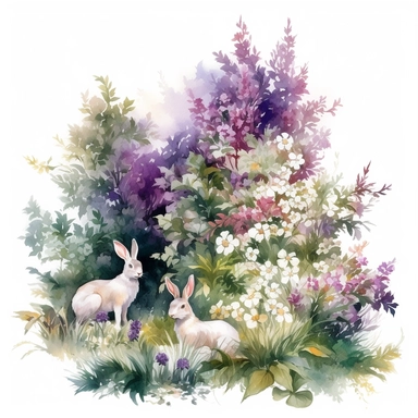 wide, large lilac bush with white and purple flowers, a full lush tall bush with many green leaves, there are beautiful white rabbits near the bush and climbing in it, watercolor clipart, bright colors, isolated white background, 8k