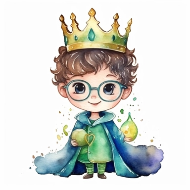Clipart of a cute little king smilling. He is wearing a very beautiful suit and a cute blue cape. He is brunette and curly hair and with green eyes. He is wearing cute glasses. The crown is very boyish and made of gold. The background is watercolour and sparkly. 4K