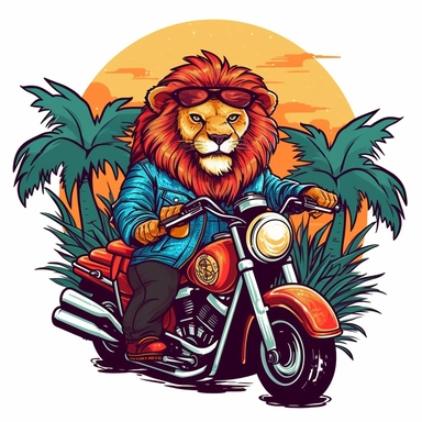 Create a clipart of a cute strong lion in a leather jacket riding a vintage motorcycle. Strong and vibrant colors. Jungle trees before a White Background, soft lighting.