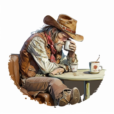 isometric head-shot view of realistic illustration of a modern compassionate, caring and loving older cowboy relaxing drinking hot coffee, coffee theme vintage in watercolor style clipart, use darker reath-tones, more darker saturated colors, Banksy artstyle with minimal effects, super creative watercolor, white background