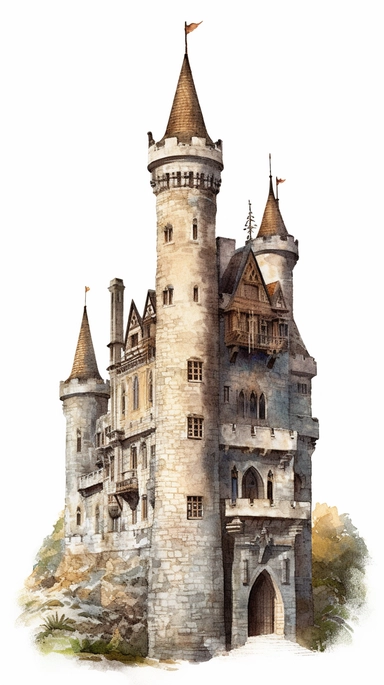 isolated images, illustrations on a white background, realistic medieval castle, Clipart, watercolor, realistic, isolated, full building, highly detailed, hdr, 32K, photo expert quality, watercolor realistic, hyperrealistic and highly detailed, isolated on a white background