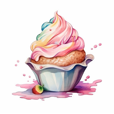 a drawing of a dessert featuring candy and whipped cream, in the style of pastel toned, shiny/glossy, colorful fantasy realism, caffenol developing, warmcore, #screenshotsaturday, rubens, white background, isolated, free brushstrokes, watercolor illustration, clipart,