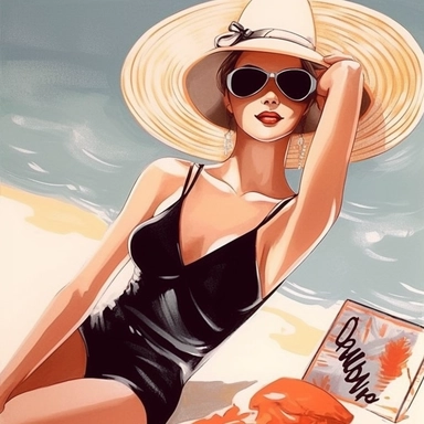 portrait view, full view, clipart illustration, beautiful lady sunbathing on beach, exact image, sharp focus, high detail, (--iw 5)
