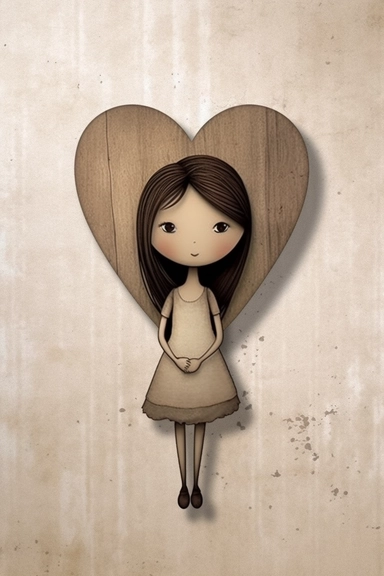 girl holding a heart, in the style of light beige and brown, dye-transfer, miniaturecore, toyen, tex avery, scrapbook, chalk, clipart