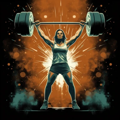 T shirt design, female olympic weightlifting lifting the barbell above head, gym, equipment, lights, clipart