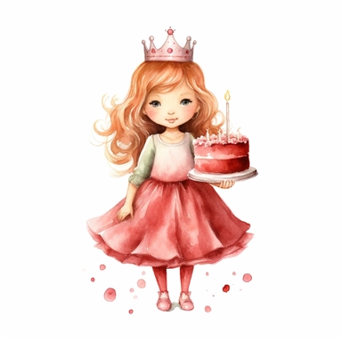 watercolor little princess clipart, red tone colors, big eyes, smiling, lovely, adorable, wearing crown, holding a piece of brithday cake, full body, on white background