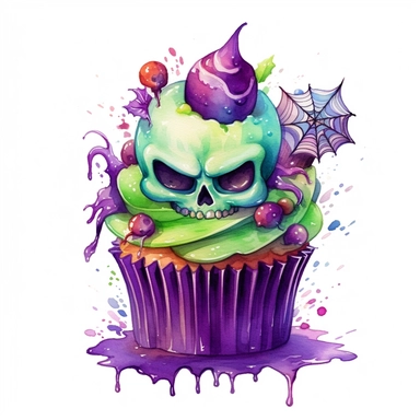 delicious Halloween cupcake with vibrant green and purple colours, witches hats, skulls, spiders and bats, candy confetti, owatercolour illustration clipart, extremely detailed, 4k, high quality, isolated on white background