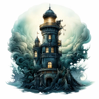 Dark fantasy lighthouse Clipart, Watercolor, hyper realistic, intricate detail, illustration style, high resolution, on the white background