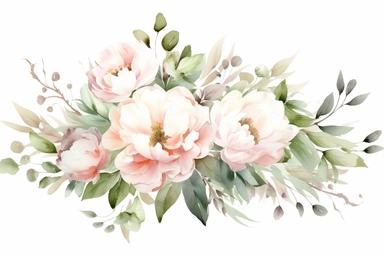 dusty pink and white flowers, peonies, austin roses, big blooms, with muted green whispy foliage, elegant and beautiful floral clipart for wedding invitations, delicate, watercolor, Claude Monet oil painting, defined edge isolated on white background