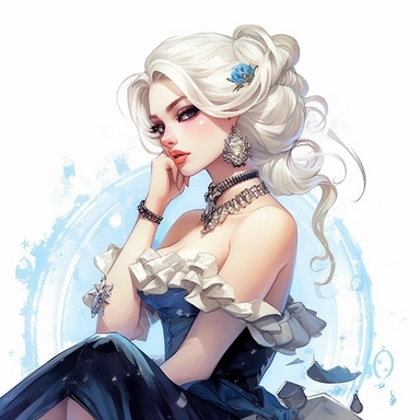 Disney Cinderella, pale yellow rocker hairstyle, white leather jacket over a ripped blue ballgown, glass slipper necklace, skulls, gothic style, rock style, clipart, white background, by Kawacy