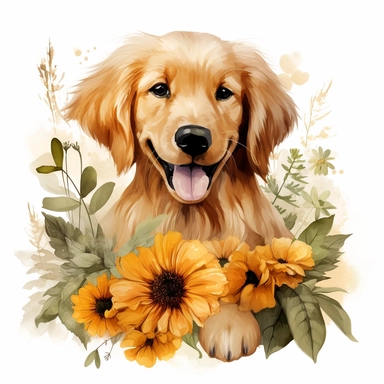 high detailed, Hand drawn watercolor clipart of golden retriever puppy with flowers and plants, Watercolor, art nouveau , on a white background