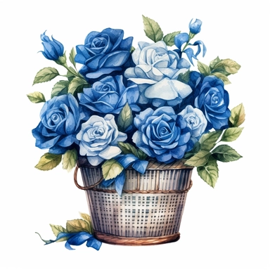 hand drawn vector watercolor, blue basket of roses, cute, lovely style, funny cartoon, white background Sublimation Clipart,hyper realistic, intricate detail, illustration style,high solution,on the white background