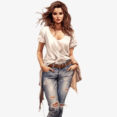 glamour model posing, brown hair ripped jeans, full length, watercolour style, fine details, 8k clipart png transparent