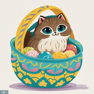 clipart of very cute persian kitten, playing in a basket full of easter eggs, solid white background, in the style of mary blair, vintage disney animation style