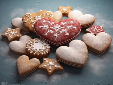 A 3D clipart of festive Christmas cookies arranged in a heart shape on a snowy background.