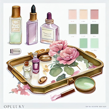 watercolor, hyper realistic, white background, white margins, 16k, ultra detailed clipart, cut out image, hand-drawn An antique-inspired vanity tray with vintage perfume bottles arranged on it, accompanied by a mirror, a brush, and other beauty accessories. Use soft and muted colors such as dusty rose, antique gold, lavender, and sage green for a vintage-inspired palette