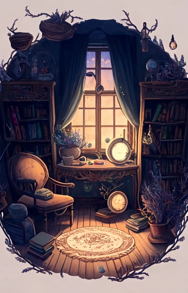 cozy living room of a witch, high detailed drawing, window in center of room, a lot of clutter, high texture, bookcases, sagging armchair, tea cups, ancient tomes, dusty, cool atmosphere, cinematic, realistic light, magical realism, flowers, clipart, fantasy, whimsical, dreamy