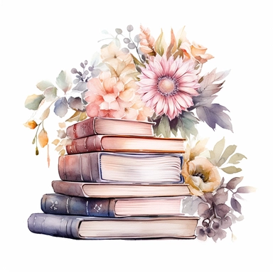 books with fancy lattern,watercolor,floral,cute,light color,white background,clipart
