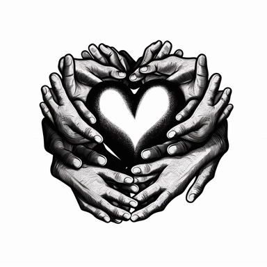 holding hand inside of a heart, multiple hands, black and white, clipart style
