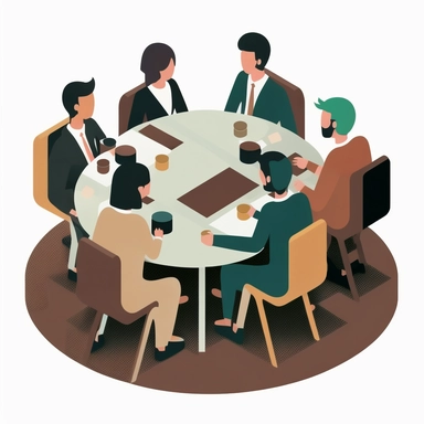 asian business meeting, many people sitting at table, transparent white background, flat clipart style