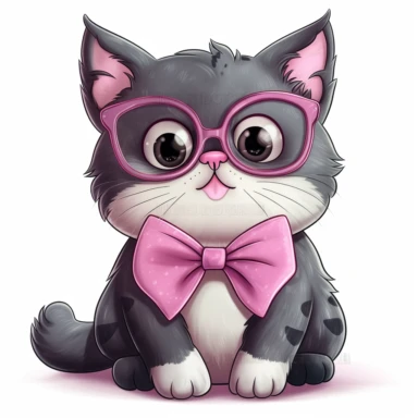 Nerdy Chubby cartoon cat with glasses and a bowtie, highly detailed, anime, adorable, pastel,clipart