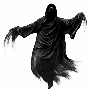 DEATH APPARENT IN BLACK CLOTHES WITHOUT A FACE FLYING SCARY CLIPART ON A WHITE BACKGROUND