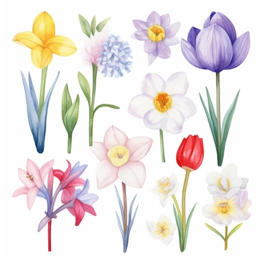 Blooming flowers: Tulips, daffodils, cherry blossoms, crocuses, and hyacinths. Watercolour Clipart, minimalist, isolated white background, 8k , high quality