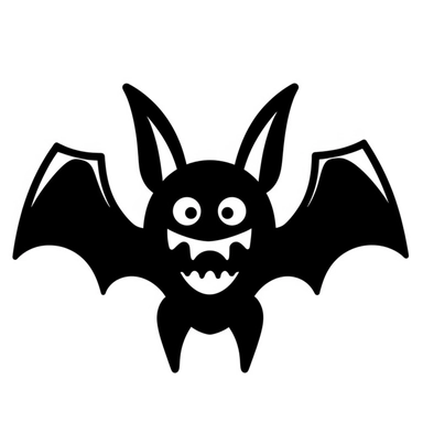 cartoon bat,black and white silhouette icon, clipart style, white background, thick lines, vector, simple design, flat colour, solid colour, halloweencore