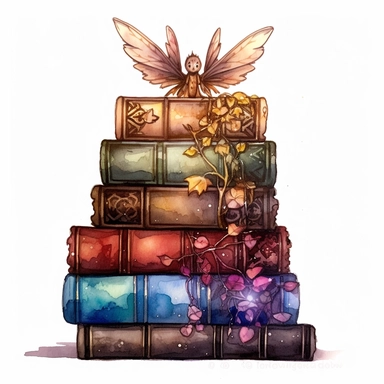 Solid white background, Detailed watercolor/alcohol ink image of a stack of 4 dark earthtone pasel colored gothic spell books with a cute glowing tiny forest fairy sitting on top clipart. The books are realistically detailed, gilded bindings, carved thick leather cover,