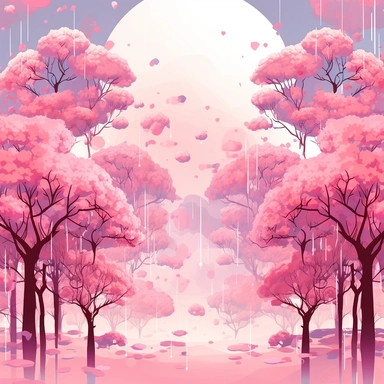 vector illustration of Spring Cherry Blossom trees landscape in pink pale background surreal, fairytale ascent clipart.