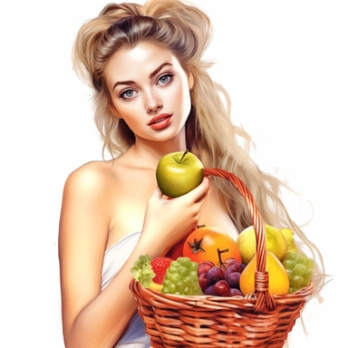 beauty girl with one basket fruit digital clipart on white background
