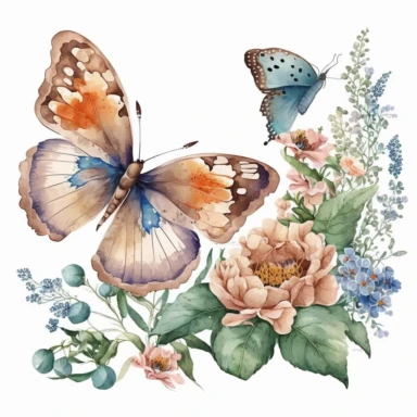 beautiful butterfly with flowers watercolor clipart illustration, transparent background