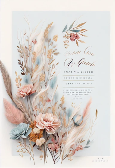 beautiful, intricate, sharp focus, light blue, tan, and pink flowers, boho wedding invitation with white fluffy tail flowers, dried grasses, show entire invitation, no border, clipart, on white background, flat lay, extreme detail, wedding invitation,