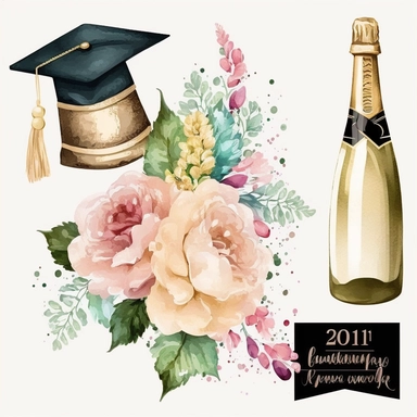 Champagne Bottle Gold Graduation Cap Watercolor College High School Graduation Clipart Flowers Graduate Gift Commercial Use Illustration PNG