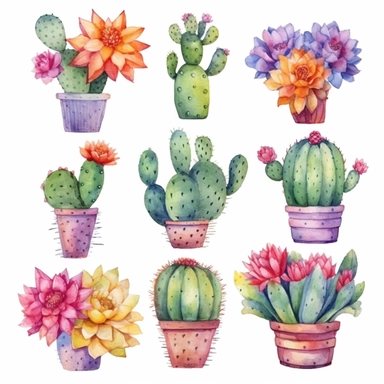Boho Cactus Watercolor Cliparts, high definition 8k , illustration, sublimation, white background for removing background