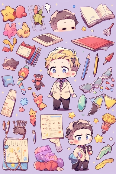 Stickers, Clipart, Knolling layout of cute Teacher themed, accessories neatly placed in equal proportion, Super Giant Pitch, larger spacing, vector stickers, high detail, charater sheet, Bright Colors, Hand Drawn Artwork, anime style, single design, 8k, white background, appropriate blank