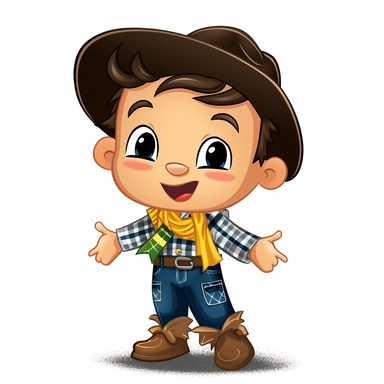 a cute little boy dressed for a brazilian junina party, with jeans, cowboy boots, long-sleeved plaid shirt, happy, Monica's gang style, Graphics Maurício de Sousa, on white background, big eyes, clipart, cartoon, inkley studio, smiling,