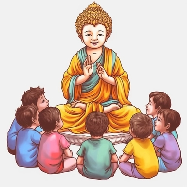 Buddha glory teaching kids, watercolor style, clipart solid white background