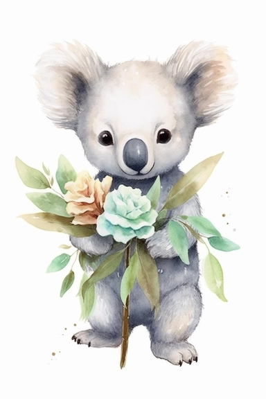 Create a watercolor clipart picture of an adorable koala holding a flower, white background. The koala should have a cute and happy expression, with its fur depicted in soft watercolor textures. The flower should be a delicate and beautiful. Surround the koala with small flowers and greenery, adding a whimsical touch to the scene.